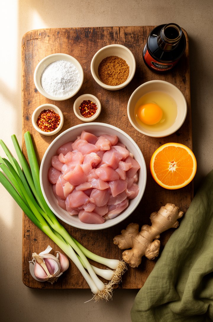 Overhead flat-lay of ingredients for orange chicken arranged on an aged wooden cutting board — a bowl of bite-size raw chicken thigh pieces, small butter-cream ceramic pinch bowls of cornstarch, brown