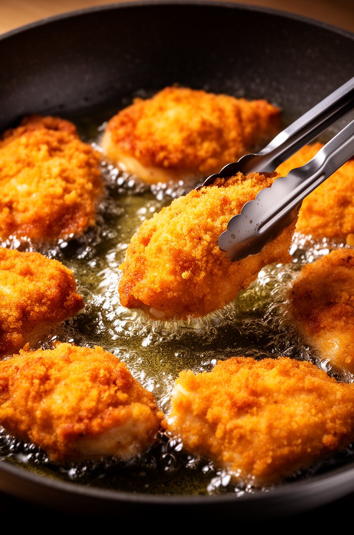 Close-up 30-degree angle of golden-brown chicken pieces frying in a large nonstick skillet, oil bubbling around craggy cornstarch coating, some pieces deep amber and others just turning golden, a pair