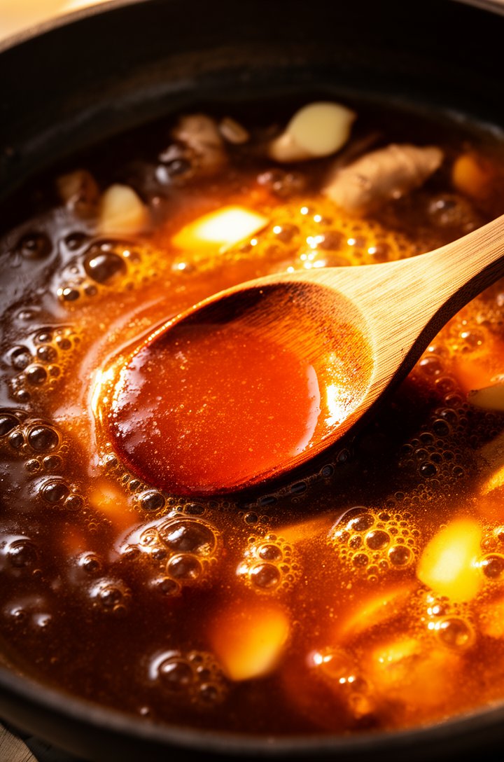 Close-up overhead shot of glossy dark amber orange sauce simmering in a skillet, visible bubbles breaking at the surface, a wooden spoon dragging through showing thick consistency coating the back of 