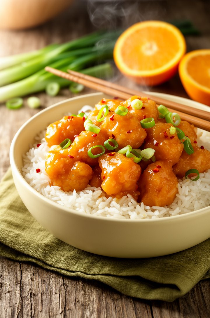 Beauty shot at 45-degree angle of finished orange chicken piled generously over fluffy white jasmine rice in a deep butter-cream ceramic bowl, glossy amber-orange glaze coating every craggy piece, bri