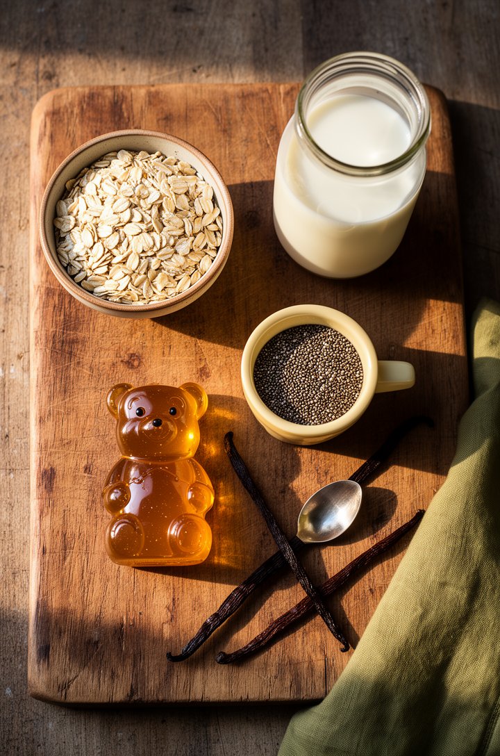Overhead flat-lay of overnight oats ingredients arranged on an aged wooden cutting board — a small bowl of rolled oats, a glass jar of milk, a tiny butter-cream ceramic ramekin of chia seeds, a squeez