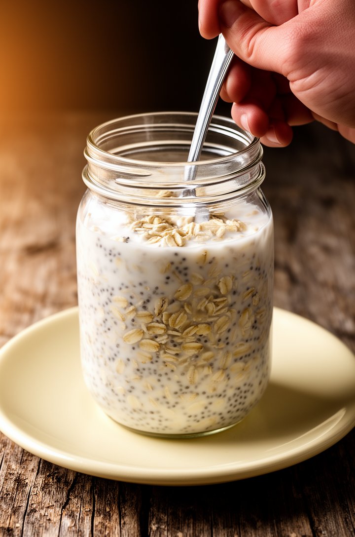 Close-up 45-degree angle of a hand stirring overnight oats in a clear glass mason jar with a spoon, the mixture showing visible rolled oat flakes and tiny dark chia seeds distributed throughout creamy