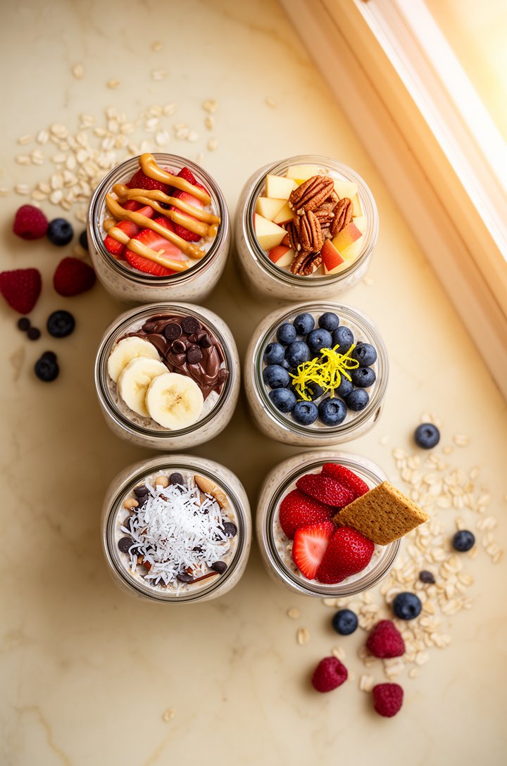 Six mason jars of overnight oats arranged in two rows of three on a cream marble surface, each topped differently — one with sliced strawberries and peanut butter drizzle, one with diced apple and pec