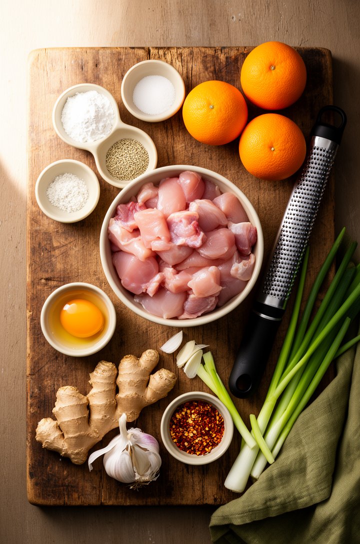 Overhead flat-lay mise en place on an aged wooden cutting board — a bowl of bite-sized raw chicken thigh pieces, small butter-cream ceramic pinch bowls of cornstarch, flour, salt, and white pepper, a 