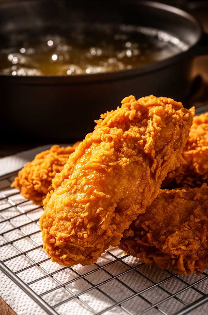 Close-up 30-degree angle of golden-brown fried chicken pieces draining on a wire rack over paper towels, coating visibly craggy and crispy with an uneven shatter texture, oil still glistening on the s