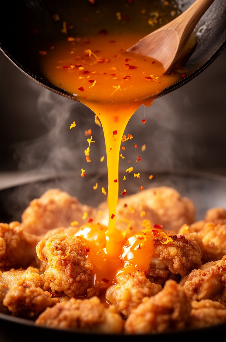 Dynamic action shot of glossy orange sauce being poured from a tilted wok over crispy fried chicken pieces, the sauce mid-stream catching warm side light, visible orange zest flecks and red pepper fla
