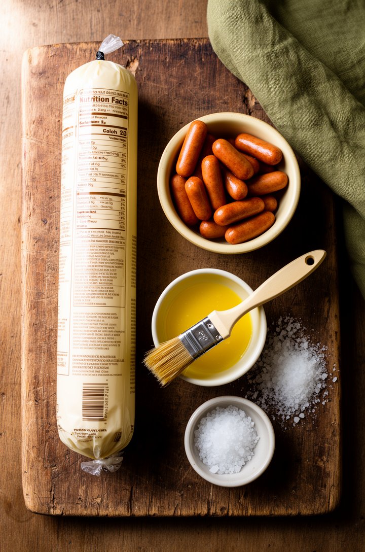 Overhead flat-lay of ingredients on an aged wooden board — an unopened tube of crescent roll dough, a pile of cocktail sausages in a small butter-cream ceramic bowl, a ramekin of melted butter with a 