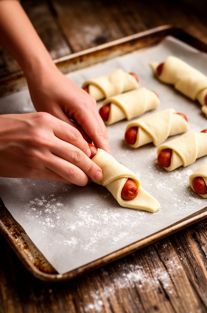 Close-up 45-degree angle of hands rolling a cocktail sausage in a thin strip of crescent dough on a lightly floured aged wooden surface, several already-rolled pigs in a blanket arranged nearby on par