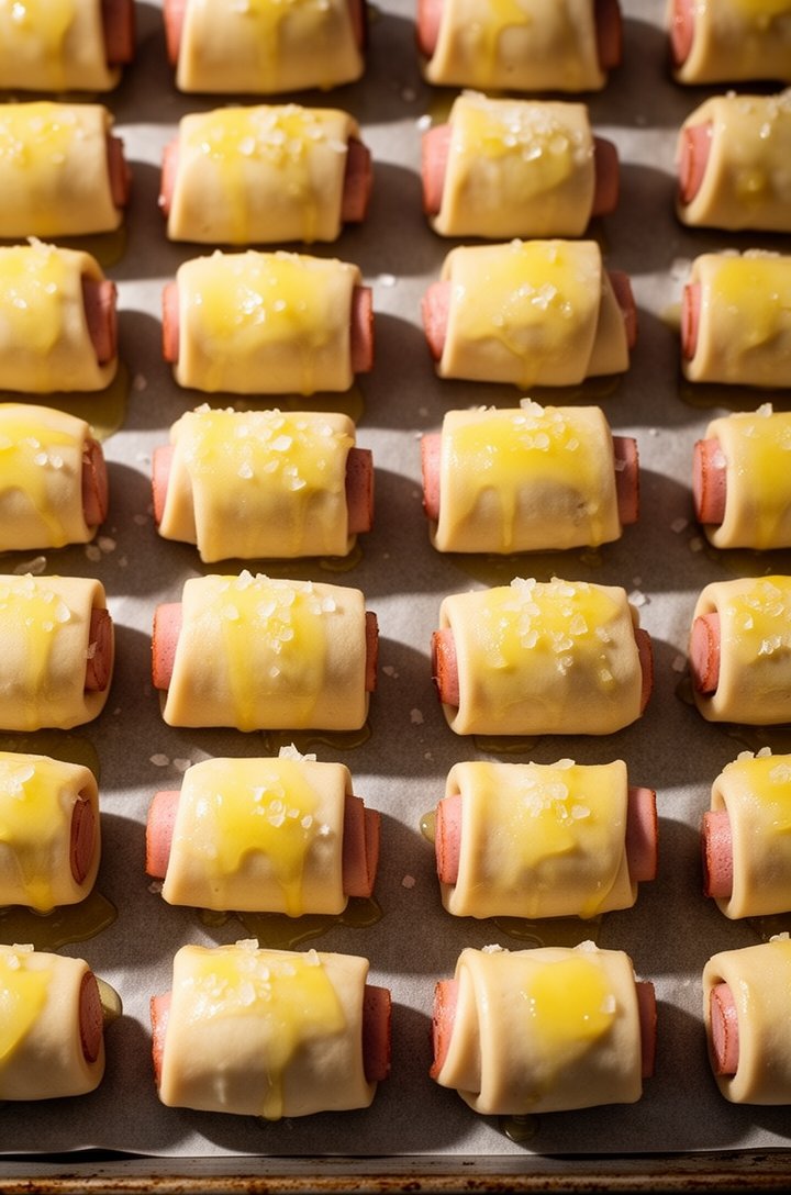 Close-up overhead shot of 48 unbaked pigs in a blanket arranged in rows on a parchment-lined baking sheet, freshly brushed with glistening melted butter, coarse salt crystals visible on top catching t
