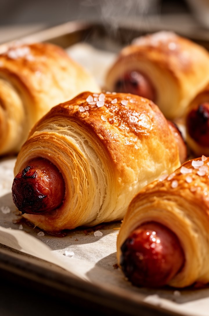 Close-up macro shot of freshly baked pigs in a blanket straight from the oven, deep golden-brown crescent dough puffed and flaky with visible layers, coarse salt crystals on top, sausage ends slightly