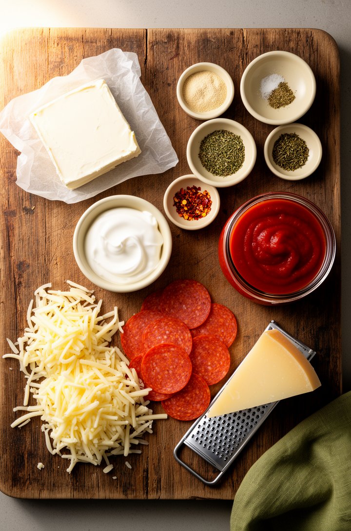 Overhead flat-lay of pizza dip ingredients arranged on an aged wooden cutting board — a block of cream cheese on parchment, small butter-cream ceramic bowls of sour cream, garlic powder, dried oregano