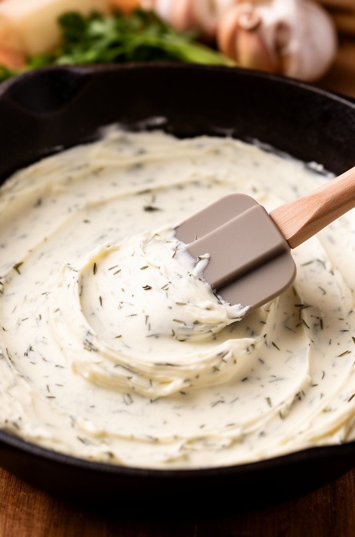Close-up 30-degree angle of the cream cheese base being spread into a dark cast iron skillet with a rubber spatula, smooth and creamy white mixture with visible flecks of dried herbs throughout, the s