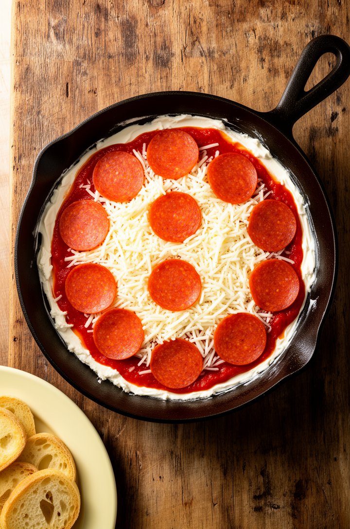 Overhead shot of the assembled unbaked pizza dip in a cast iron skillet — cream cheese layer barely visible at edges, red marinara spread across the surface, generous layer of shredded white mozzarell