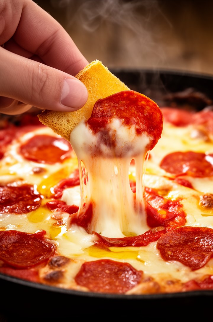 Extreme close-up macro of a hand pulling a crostini chip from the hot pizza dip with a dramatic cheese pull, golden melted mozzarella stretching between the chip and the skillet, layers of red marinar