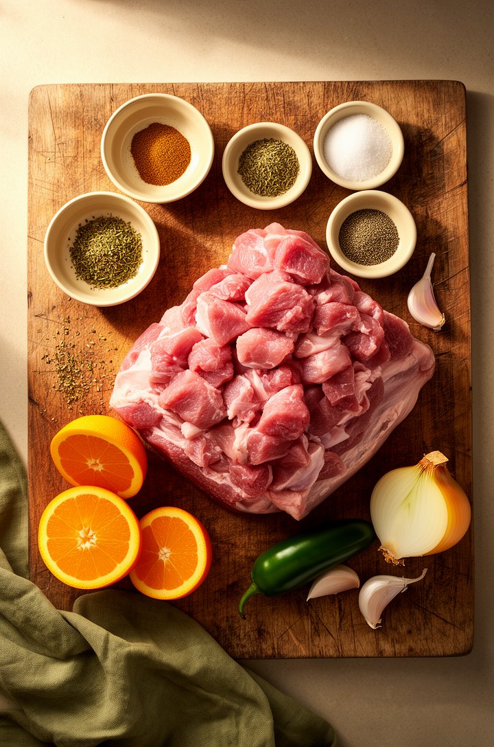 Overhead flat-lay of raw pork shoulder chunks on an aged wooden cutting board, small butter-cream ceramic pinch bowls of cumin, oregano, salt, and pepper arranged around the meat, two halved oranges a