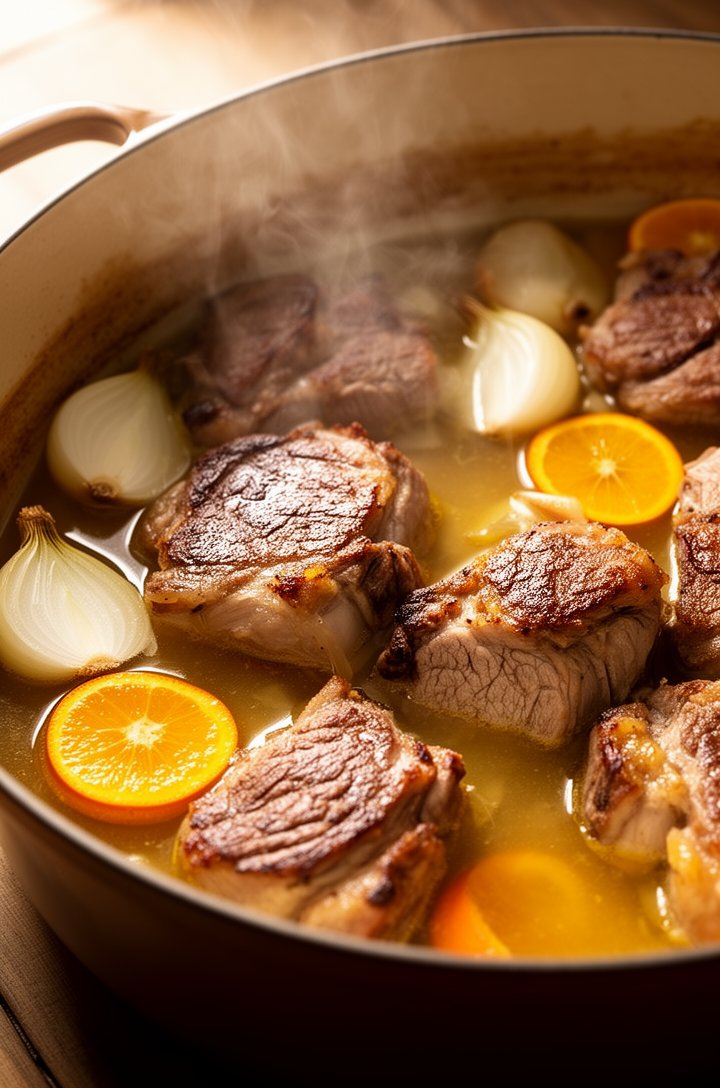 Close-up 30-degree angle of a large Dutch oven with pork shoulder chunks nestled in amber braising liquid, quartered onion and orange halves visible between the meat, steam rising gently, the liquid g