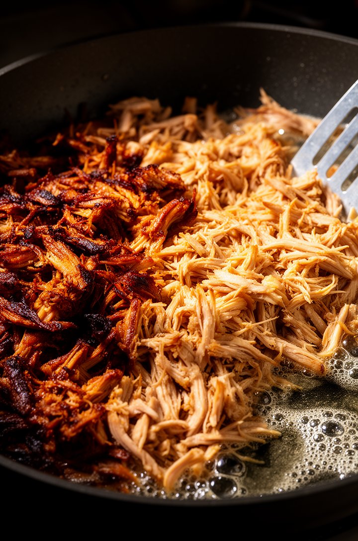 Extreme close-up macro shot of shredded pork carnitas being crisped in a dark nonstick skillet, half the pork showing deep mahogany caramelized crispy edges while the other half is still golden and te