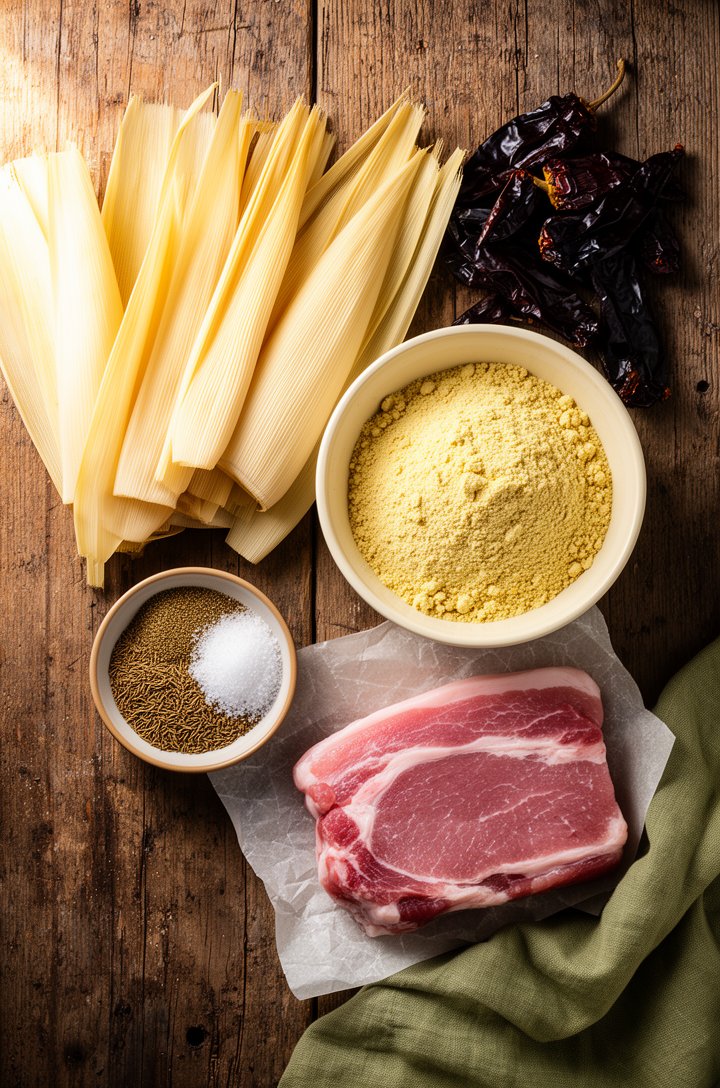 Overhead flat-lay on aged wooden board of tamale ingredients mise en place — dried corn husks fanned out, a pile of dark dried guajillo and ancho chiles, a butter-cream ceramic bowl of golden masa har