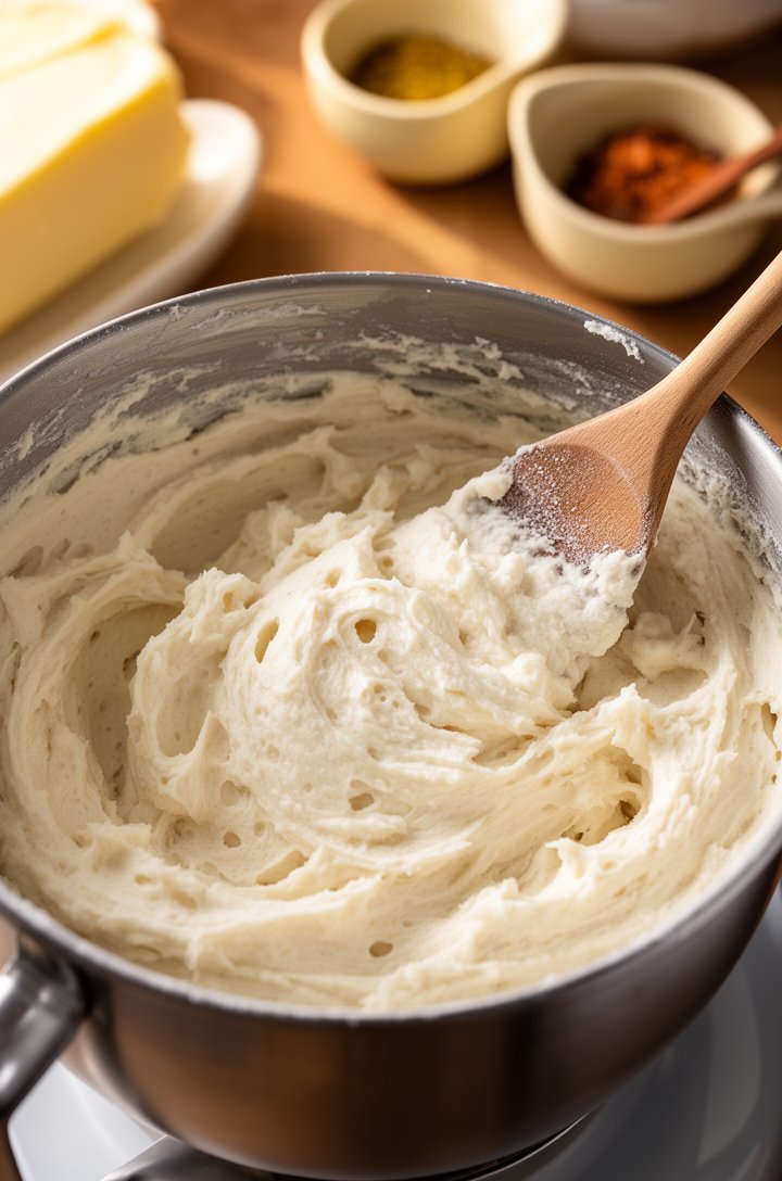 Close-up 45-degree angle of stand mixer bowl with fluffy whipped white masa dough, visible air pockets and light texture, a wooden spoon resting on the rim showing the creamy spreadable consistency, w