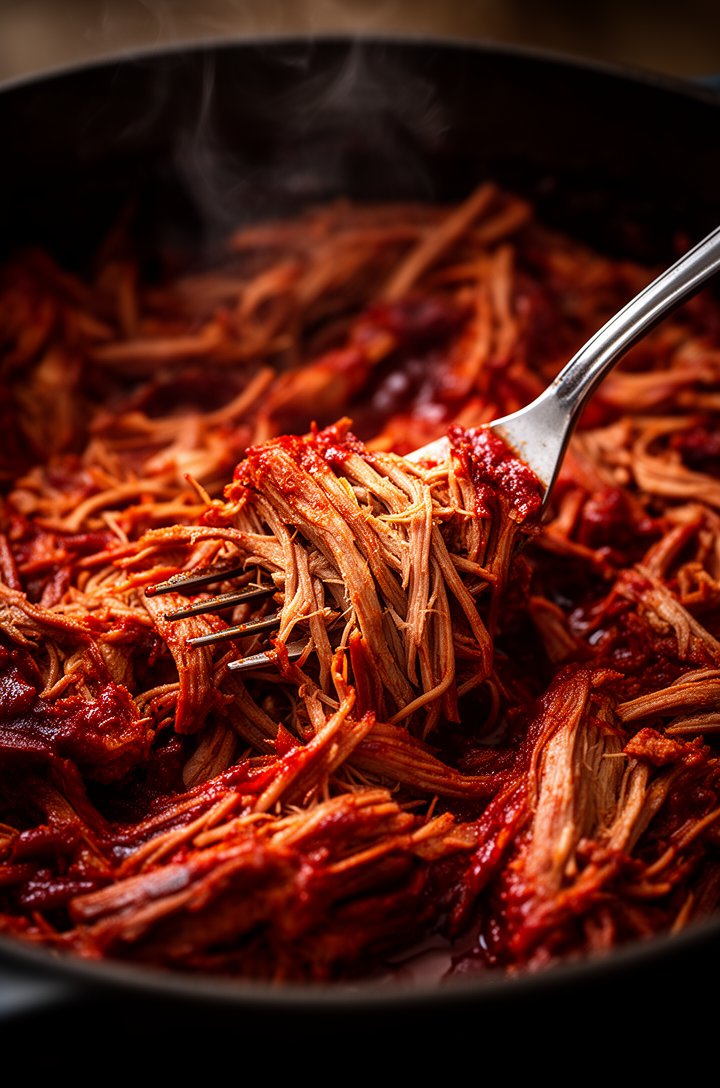 Close-up macro of shredded pork in deep red chile sauce in a dark Dutch oven, meat fibers visible and glistening with dark brick-red sauce, a fork pulling apart tender strands, rich color contrast bet