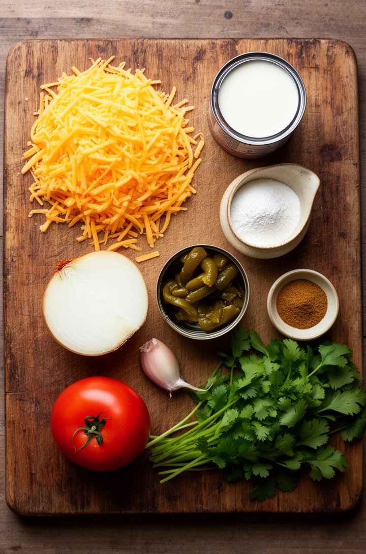Overhead flat-lay of queso dip ingredients on an aged wooden cutting board — a mound of freshly shredded golden cheddar cheese, a small can of evaporated milk, a rustic butter-cream ceramic pinch bowl