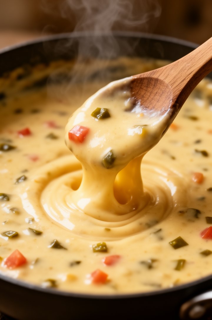 Extreme close-up macro of golden queso dip mid-stir in a saucepan, silky smooth texture with visible flecks of green chile and tiny tomato pieces, a wooden spoon pulling through the cheese creating a 