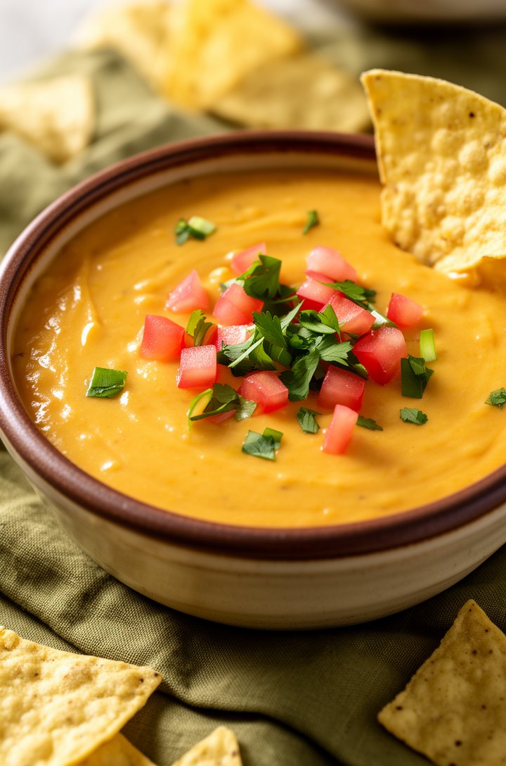 Close-up beauty shot of the finished queso dip in a rustic brown-rimmed ceramic bowl, surface smooth and glossy golden-orange, topped with scattered fresh diced tomato and bright green chopped cilantr