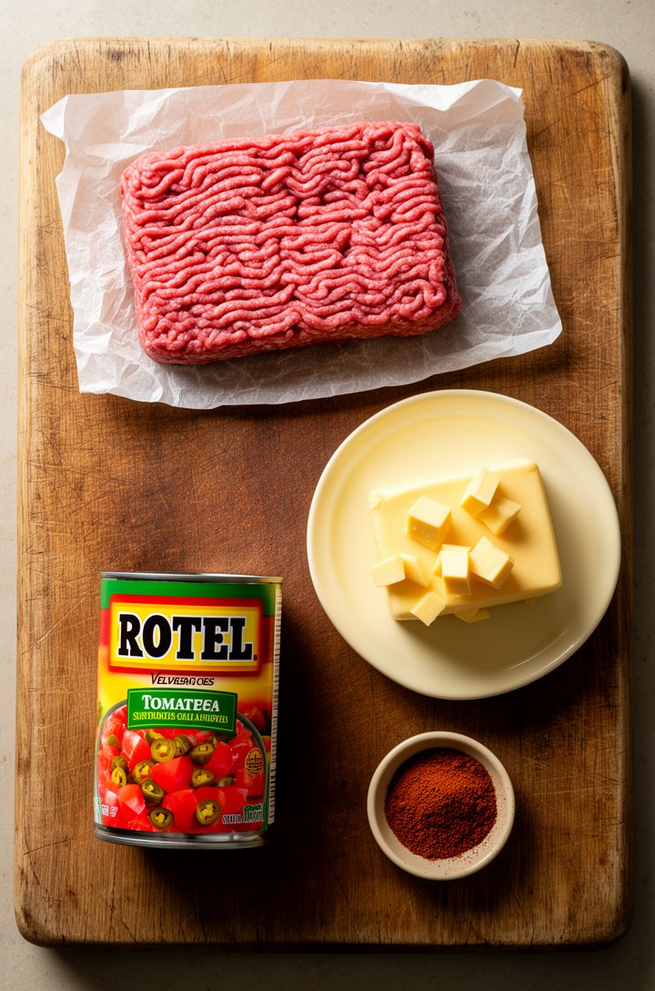 Overhead flat-lay on an aged wooden cutting board showing the four Rotel dip ingredients arranged for mise en place — a pound of raw ground beef on butcher paper, a block of golden Velveeta partially 