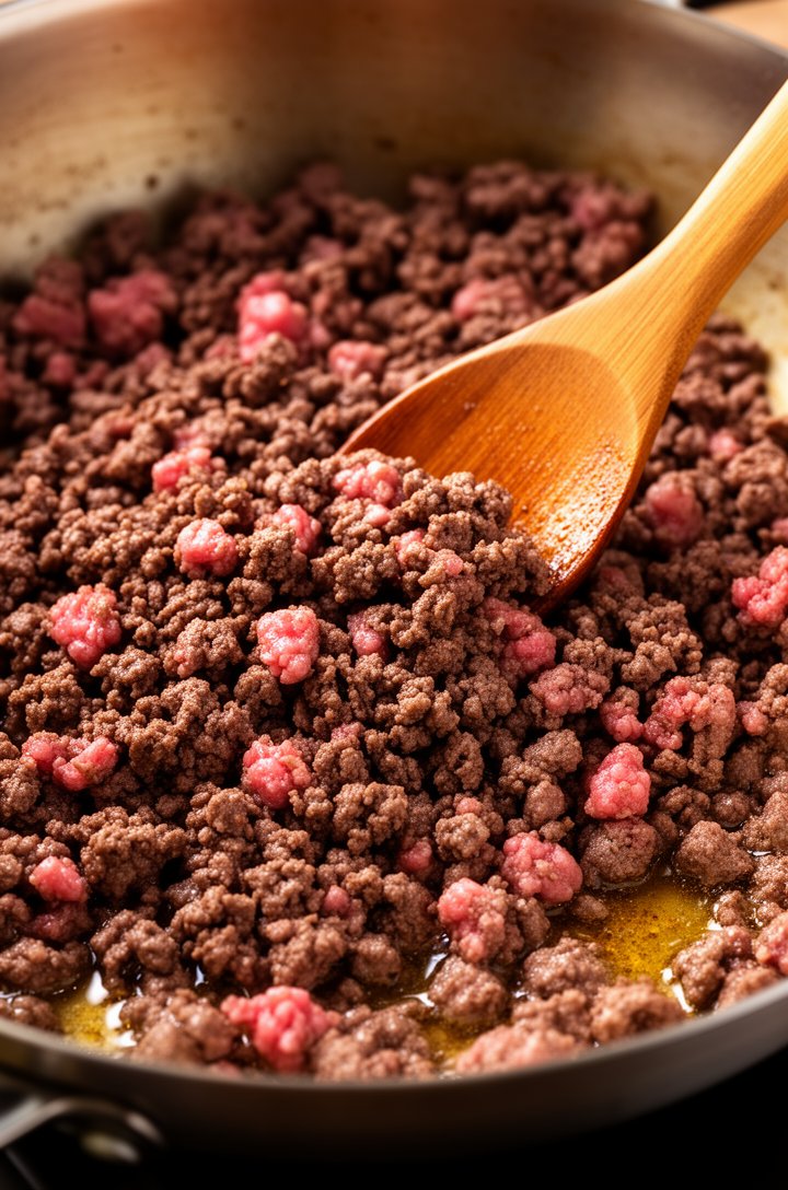 Close-up 30-degree angle of ground beef crumbles browning in a large skillet, wooden spoon breaking up the meat into small pea-sized pieces, some pieces still slightly pink while most are deep brown, 