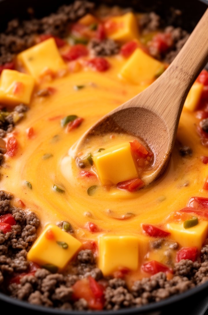 Extreme close-up of melting Velveeta cheese cubes in the skillet with browned ground beef and Rotel tomatoes, cheese halfway melted into a creamy orange-gold sauce with some cubes still holding their 