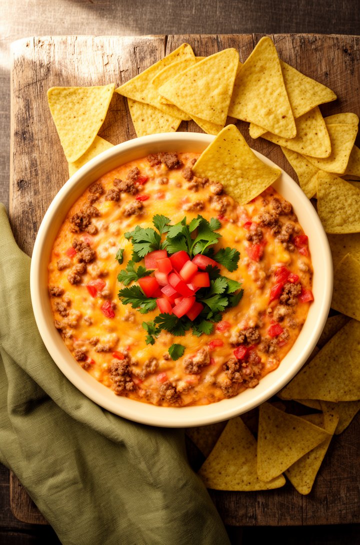 Overhead beauty shot of finished Rotel dip in a round butter-cream ceramic serving bowl on an aged wooden board, creamy orange-gold cheese dip with visible ground beef crumbles and red tomato pieces t