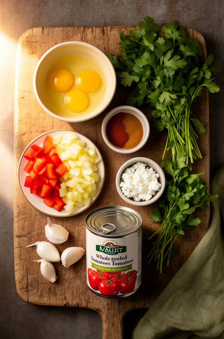Overhead flat-lay mise en place on an aged wooden cutting board — a small butter-cream ceramic bowl of cracked eggs, a ramekin of paprika and cumin, diced red bell pepper and yellow onion on a small p