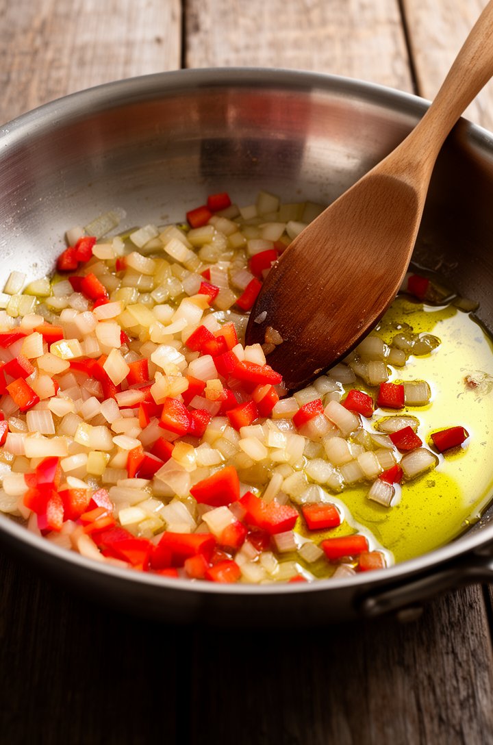 Close-up 30-degree angle of diced onion and red bell pepper cooking in olive oil in a large stainless steel skillet, onions turning translucent with golden edges, bell pepper softening, oil glistening