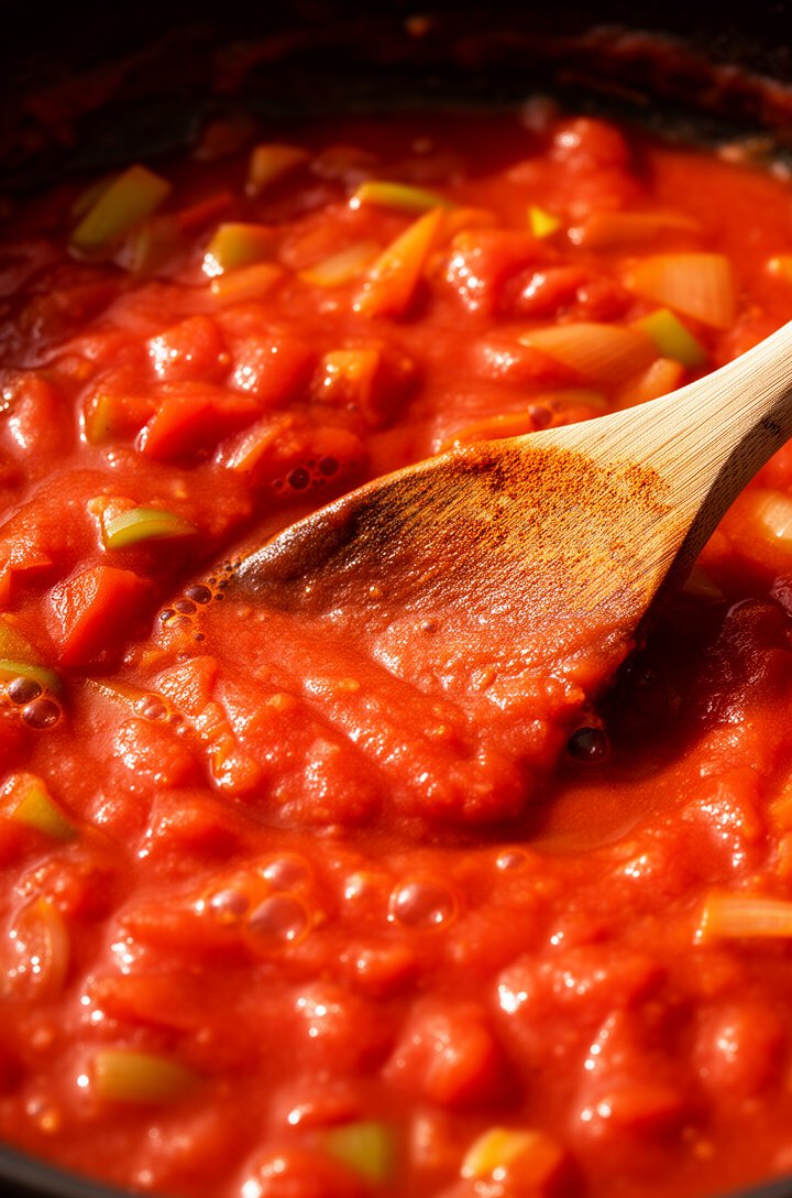 Extreme close-up macro shot of thick chunky tomato sauce simmering in the skillet, visible pieces of softened bell pepper and onion throughout, sauce deep red-orange with paprika tint, a wooden spoon 