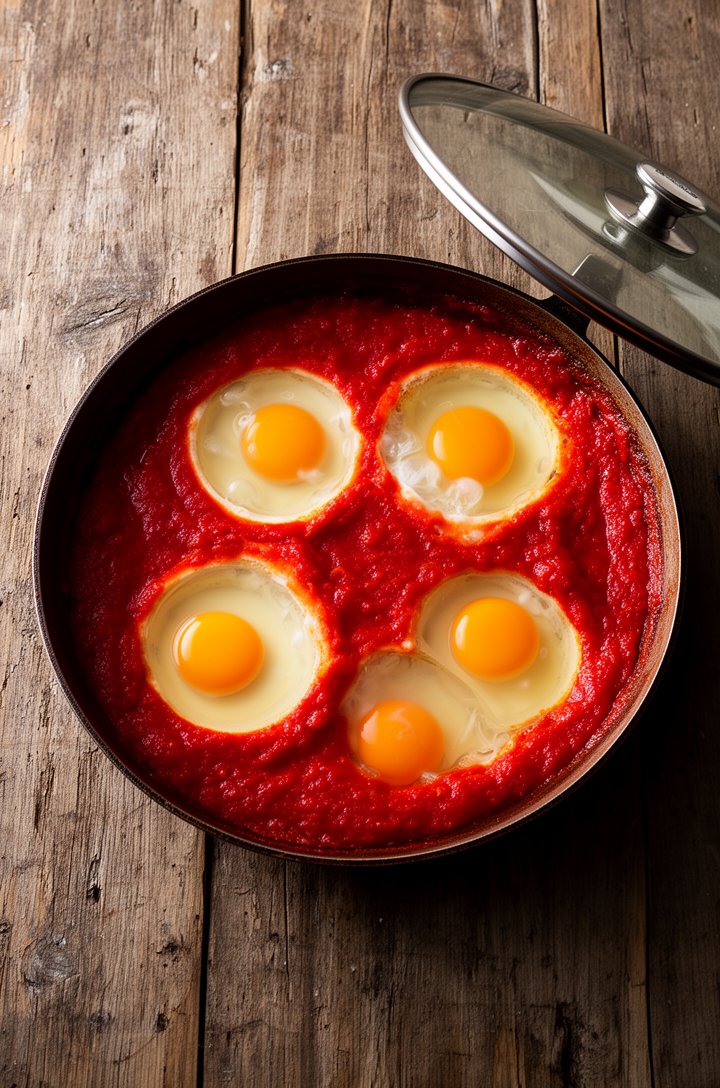 Overhead shot of six eggs just cracked into wells in the deep red tomato sauce, whites still translucent and spreading slightly, bright orange yolks sitting like domes in their craters, the skillet on