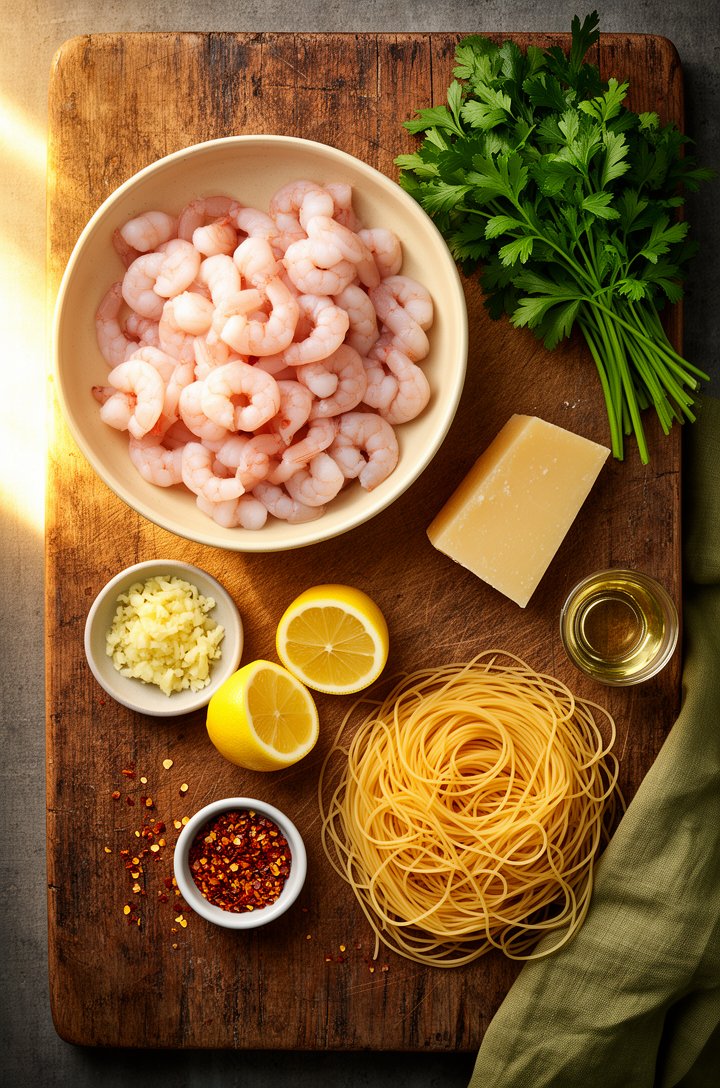 Overhead flat-lay of shrimp scampi ingredients on an aged wooden cutting board — raw pink shrimp in a butter-cream ceramic bowl, a small dish of minced garlic, a halved lemon, a ramekin of red pepper 
