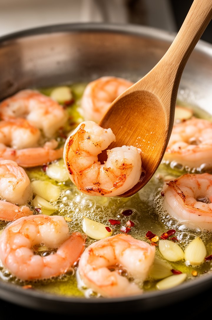 Close-up 30-degree angle of large pink shrimp searing in a stainless steel skillet, golden garlic pieces visible in shimmering butter and olive oil, one shrimp being flipped with a wooden spoon showin