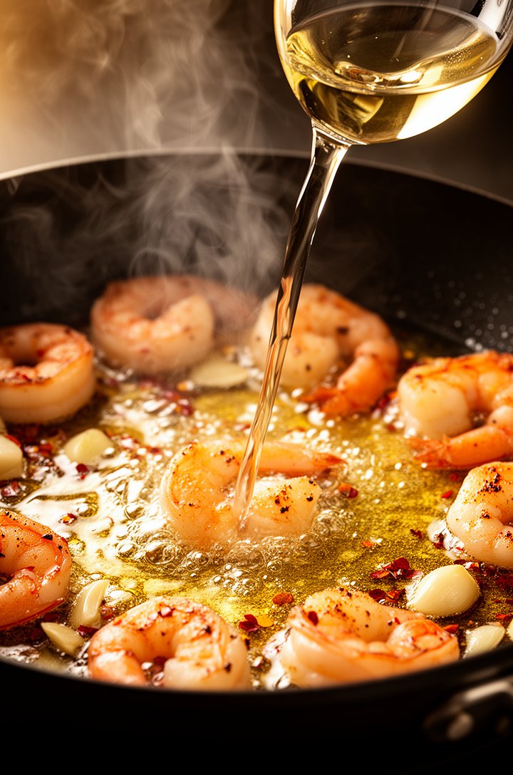 Extreme close-up macro of white wine being poured into the hot skillet with seared shrimp, wine sizzling and creating steam as it hits the hot pan, golden fond dissolving into the liquid, garlic and r