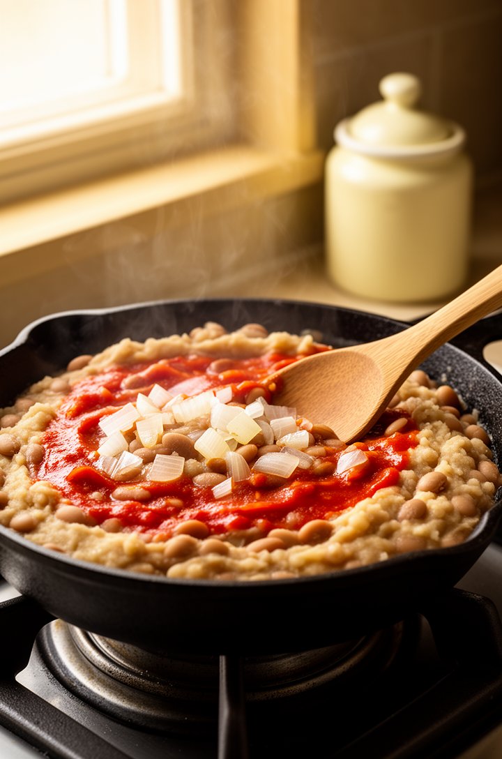 Close-up 45-degree angle of a small cast iron skillet on a burner, creamy mashed pinto beans mixed with red-tinted enchilada sauce and visible diced translucent onion pieces, wooden spoon resting in t