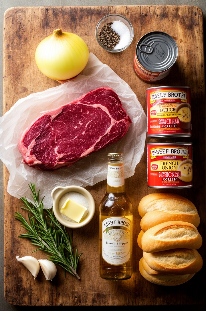 Overhead flat-lay of raw ingredients for French dip sandwiches on an aged wooden board — a marbled beef chuck roast on parchment paper, a sliced yellow onion, two cloves of garlic, a sprig of rosemary