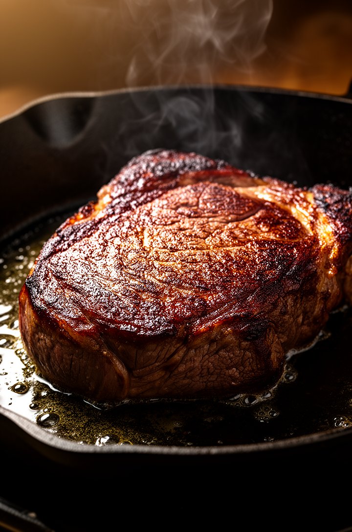 Close-up 30-degree angle of a beef chuck roast searing in a large cast iron skillet, deep mahogany-brown crust forming on the surface, oil shimmering around the edges, wisps of smoke rising, warm dram