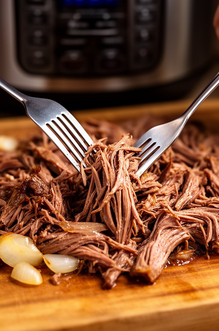 Action shot of two forks shredding tender slow-cooked beef on a wooden cutting board, beef pulling apart into long juicy strands, rich brown color with glistening fat, soft onion pieces visible, warm 