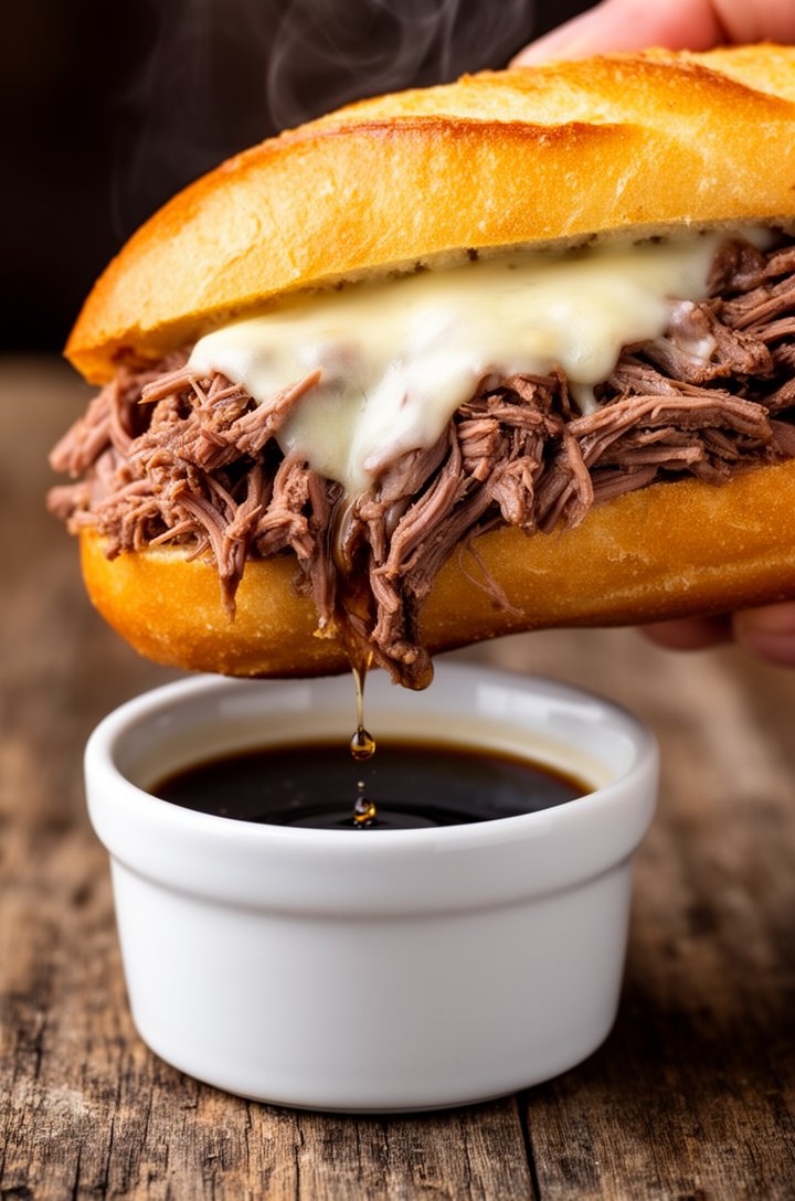 Extreme close-up of a finished French dip sandwich being held at an angle and dipped into a small white ramekin of dark rich au jus, shredded beef overflowing from a golden buttery toasted French roll