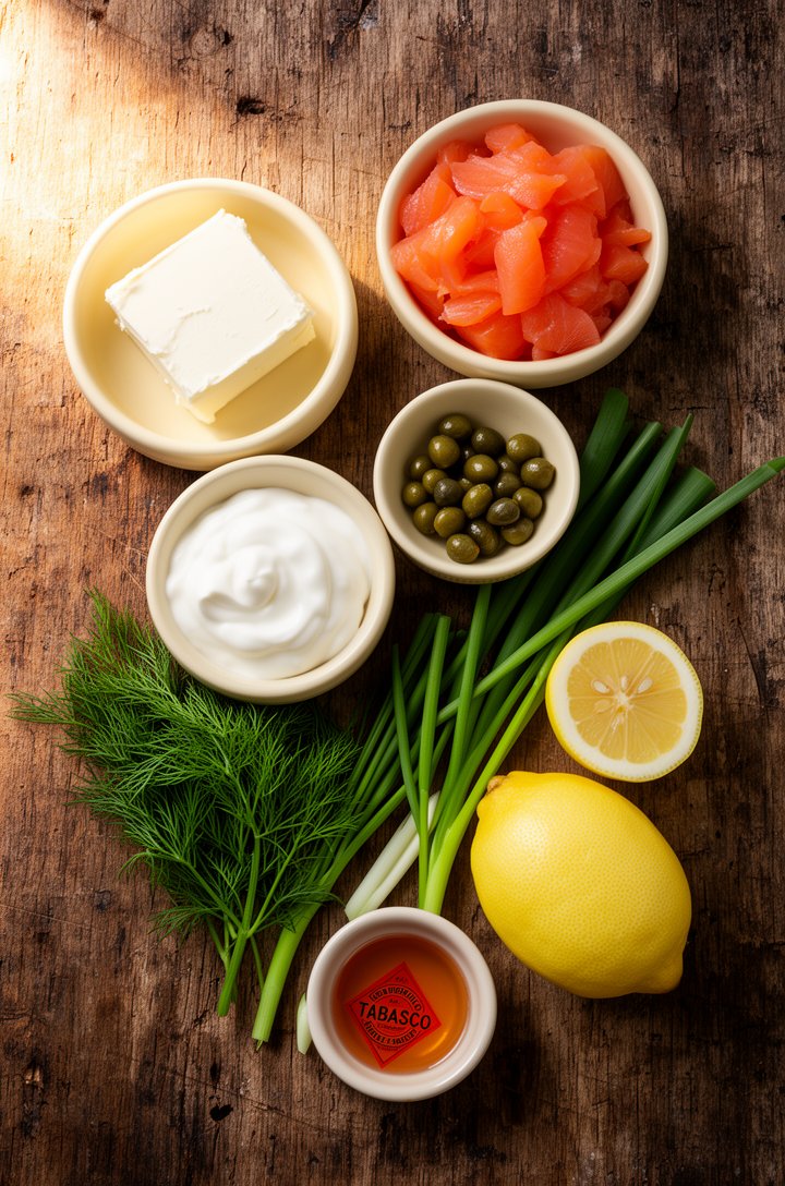 Overhead flat-lay on an aged wooden board of all ingredients for smoked salmon dip arranged in small butter-cream ceramic pinch bowls — a block of cream cheese, a bowl of sour cream, chopped smoked sa
