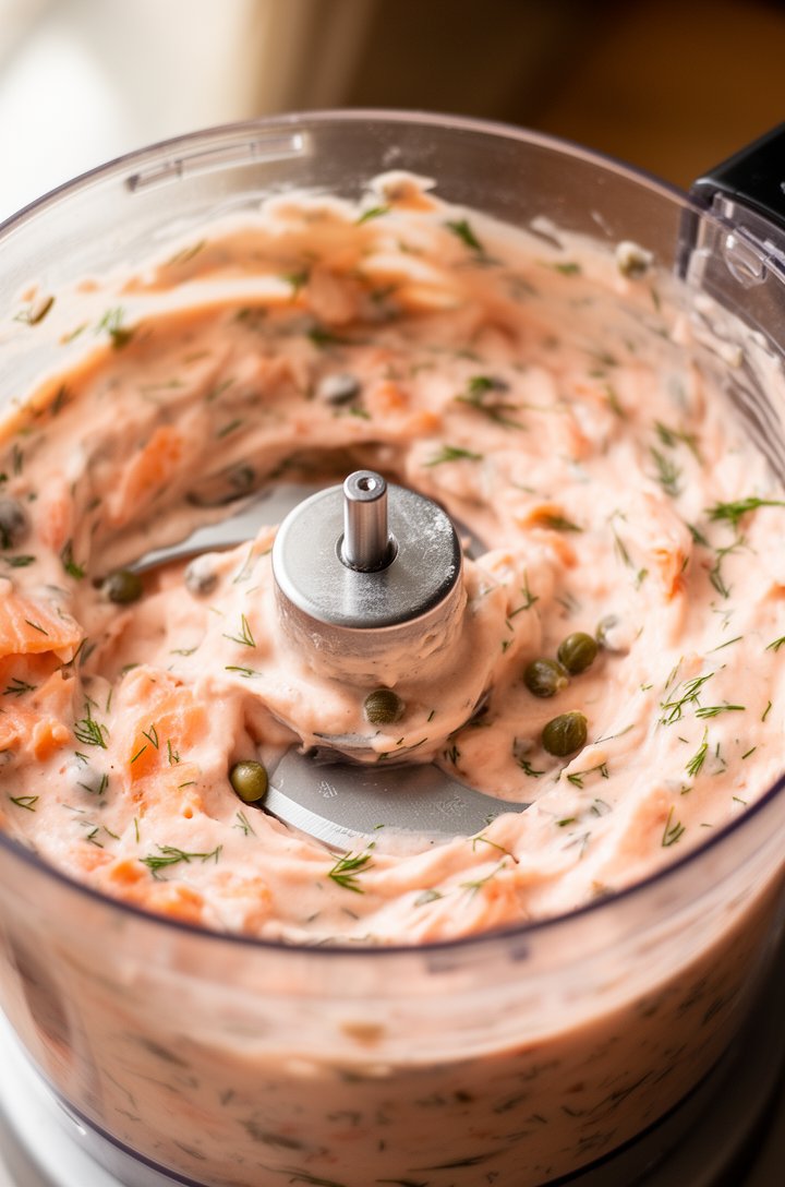 Close-up 30-degree angle of a food processor bowl mid-pulse, showing the creamy blush-pink base with visible flecks of salmon, green dill pieces, and tiny caper bits throughout, the metal blade just v