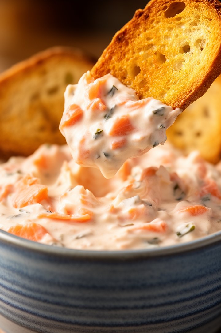 Extreme close-up macro shot of a golden crostini being dipped into creamy smoked salmon dip, the dip clinging to the chip showing its thick scoopable texture with visible salmon flecks and herb pieces