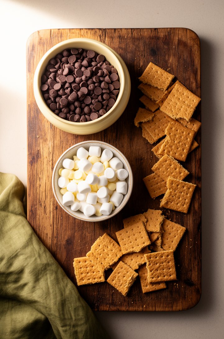 Overhead flat-lay of s'mores dip ingredients on an aged wooden board — a small butter-cream ceramic bowl of semi-sweet chocolate chips, a smaller bowl of white chocolate chips, a pile of mini marshmal