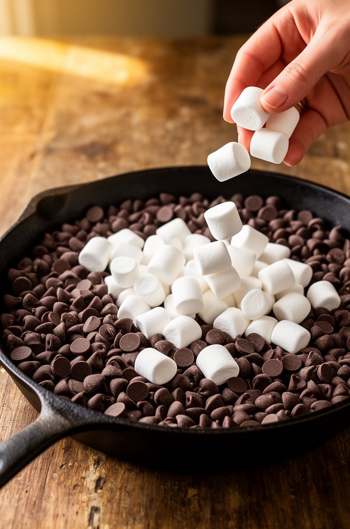 Close-up 30-degree angle of an 8-inch cast iron skillet with raw chocolate chips covering the bottom and mini marshmallows being scattered on top by a hand entering from the right, some marshmallows m