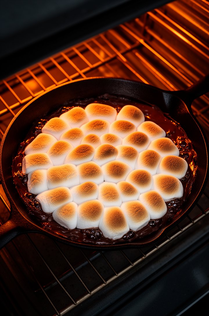 Overhead shot of the cast iron skillet inside the oven, marshmallows puffed and just beginning to turn golden at the edges, chocolate bubbling slightly visible at the skillet rim, oven rack and warm o
