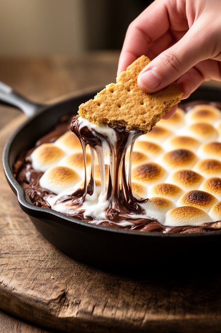 Action shot at 45-degree angle of a hand holding a broken graham cracker piece dipping into the finished s'mores dip in a cast iron skillet, melted chocolate and marshmallow pulling in gooey strings f